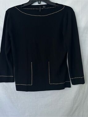 Venini Black Knit Top Contrast Stitching Boat Neck 3/4 Sleeve Size M